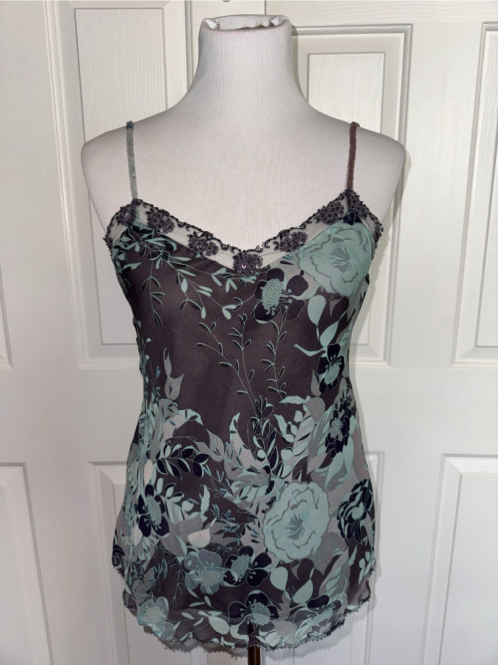 Y2K INC 100% Silk Floral Beaded Cami Top Sheer Fairy Size 4 Whimsy Feminine